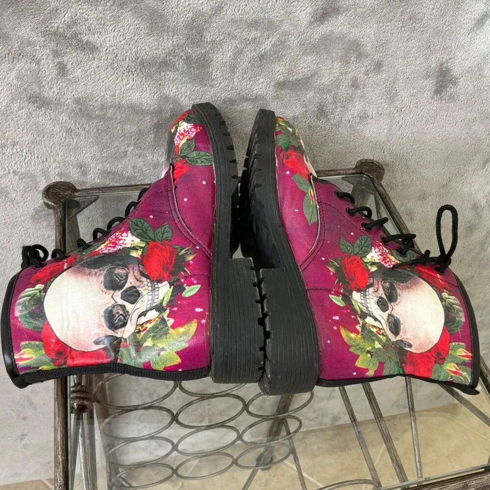 WOMENS Skull Roses Combat Boots  Goth Festival Rave Sz 40 / US 9 pink purple